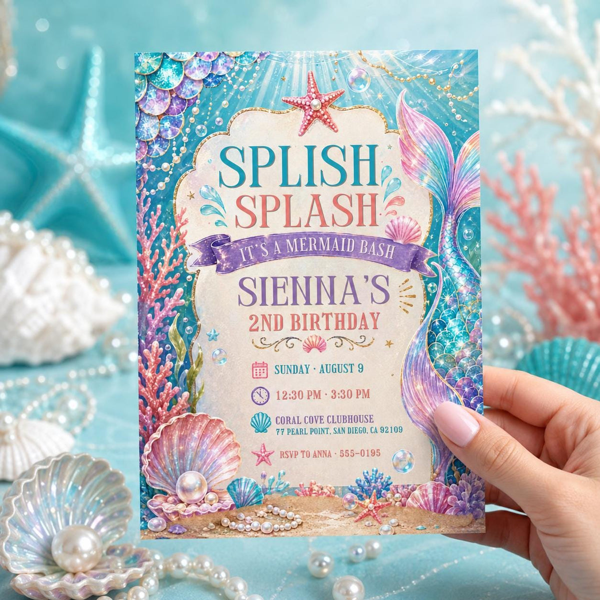 Pink and Purple Mermaid Bash Under the Sea Birthday Invitation in gold