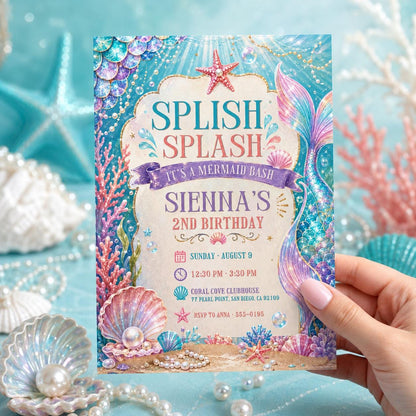 Pink and Purple Mermaid Bash Under the Sea Birthday Invitation in gold
