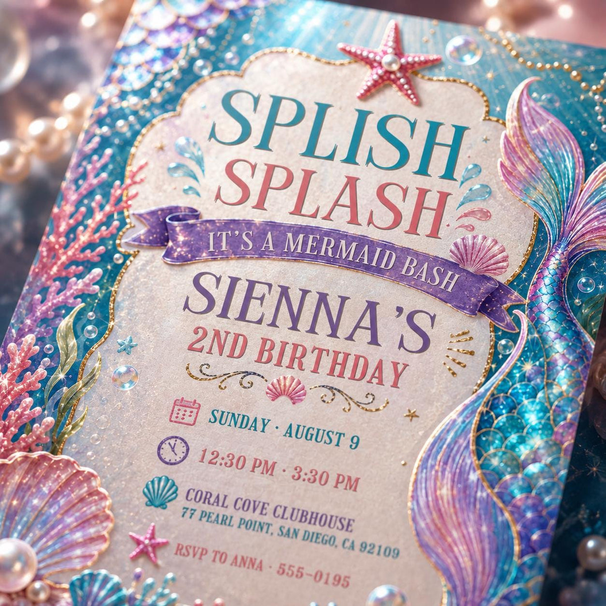 Pink and Purple Mermaid Bash Under the Sea Birthday Invitation — ocean design