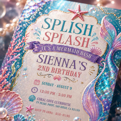 Pink and Purple Mermaid Bash Under the Sea Birthday Invitation — ocean design