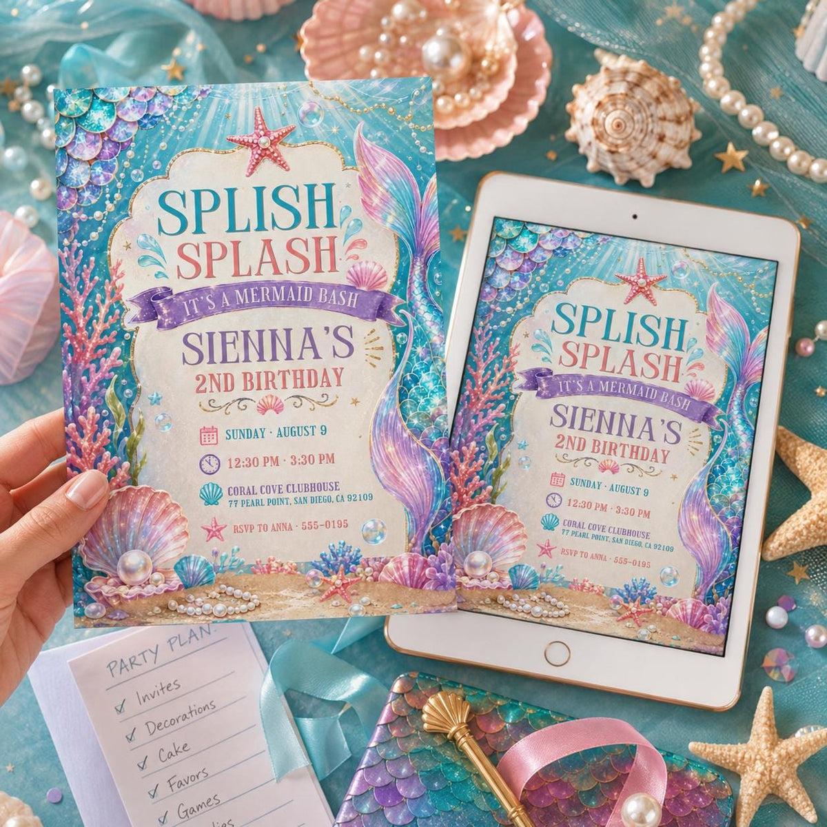 Pink and Purple Mermaid Bash Under the Sea Birthday Invitation — ocean artwork in gold