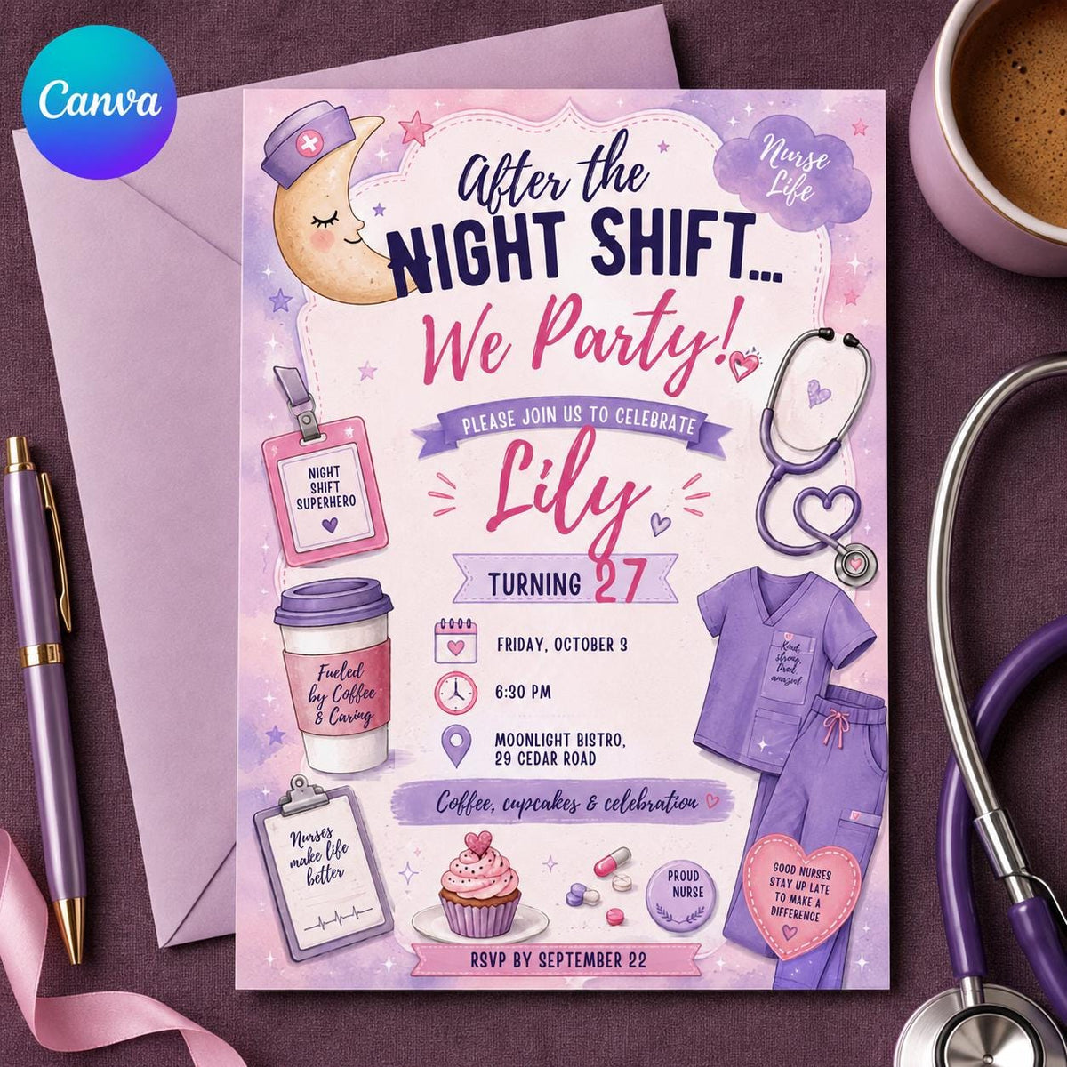 Pink and Purple Night Shift Nurse 27th Birthday Invitation — editable Canva template