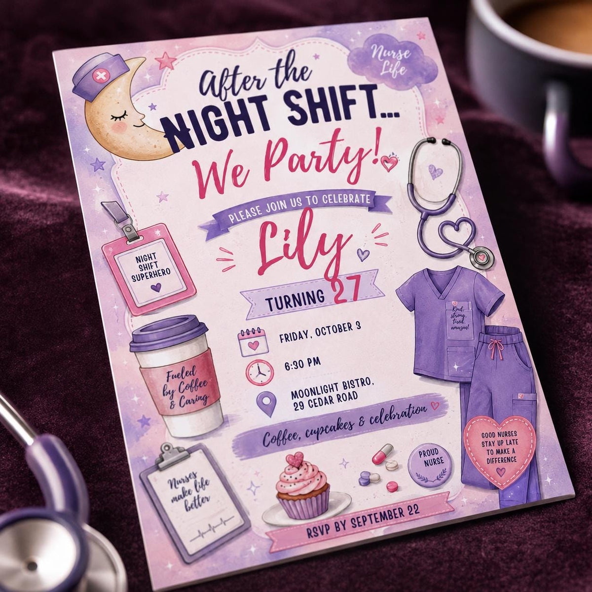 Pink and Purple Night Shift Nurse 27th Birthday Invitation — invitation you personalize in Canva