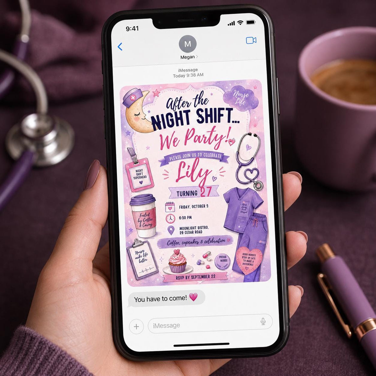 Pink and Purple Night Shift Nurse 27th Birthday Invitation — print-ready 27th birthday party design from VoltBy