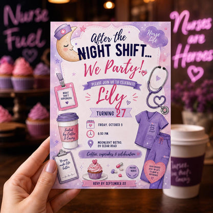Pink and Purple Night Shift Nurse 27th Birthday Invitation — digital invitation, instant download