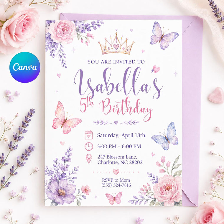 Pink and Purple Princess 5th Birthday Invitation for Girls