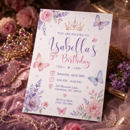Pink and Purple Princess 5th Birthday Invitation for Girls — butterfly floral design