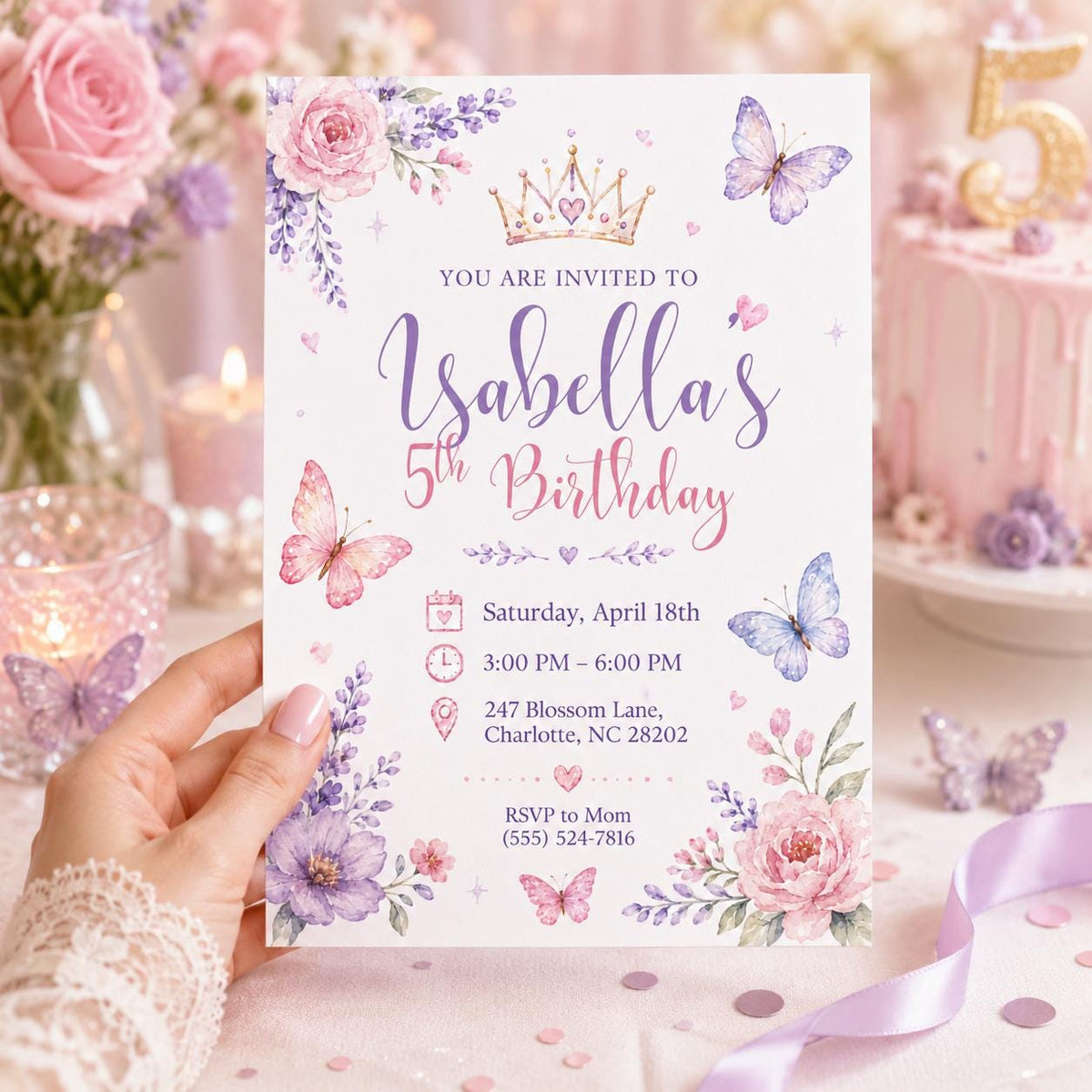 Pink and Purple Princess 5th Birthday Invitation for Girls — floral 5th birthday party design