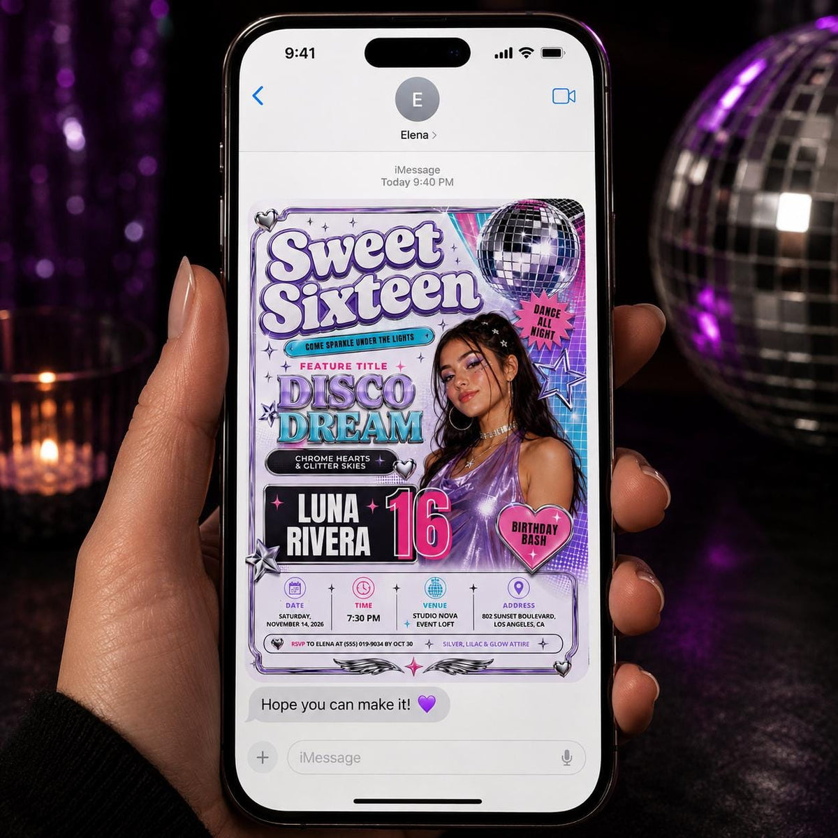 Pink and Purple Sweet 16 Disco Invitation for Girls — digital invitation, instant download