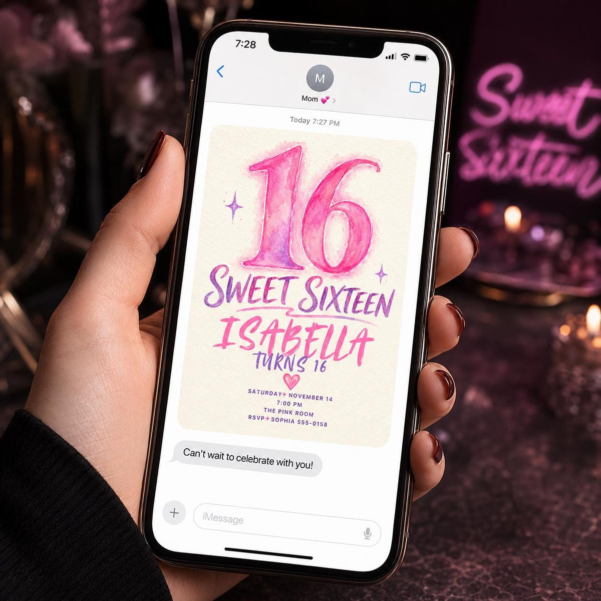 Pink and Purple Sweet 16 Invitation for Girls — invitation you personalize in Canva