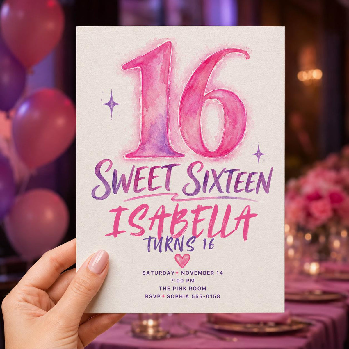 Pink and Purple Sweet 16 Invitation for Girls — watercolor sweet 16 design