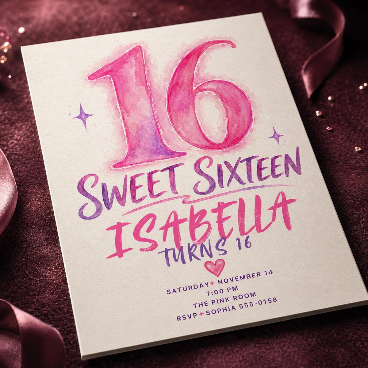 Pink and Purple Sweet 16 Invitation for Girls — digital invitation, instant download