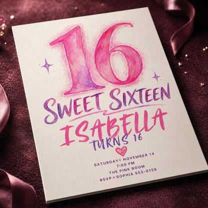 Pink and Purple Sweet 16 Invitation for Girls — digital invitation, instant download