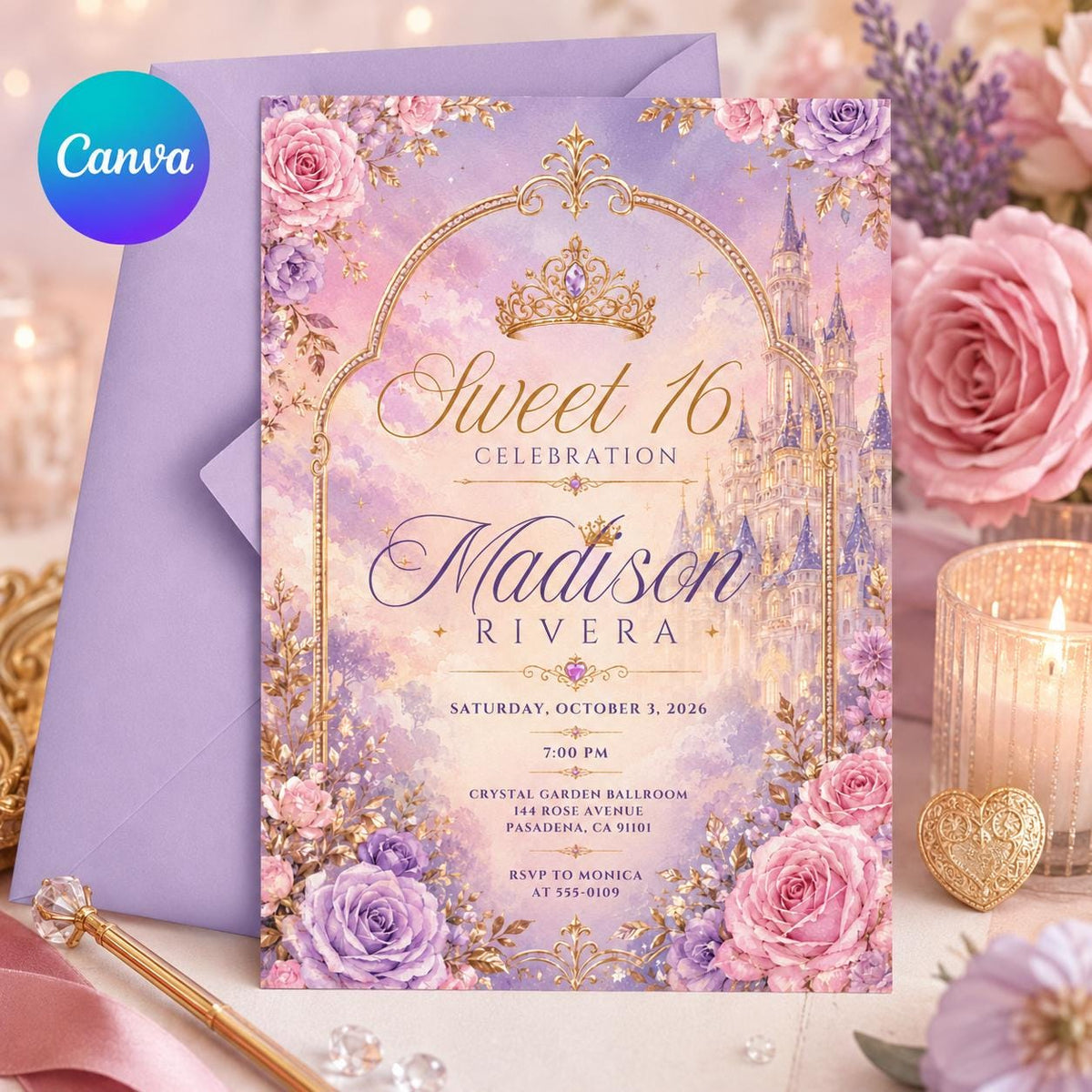 Pink and Purple Sweet 16 Invitation — editable Canva template