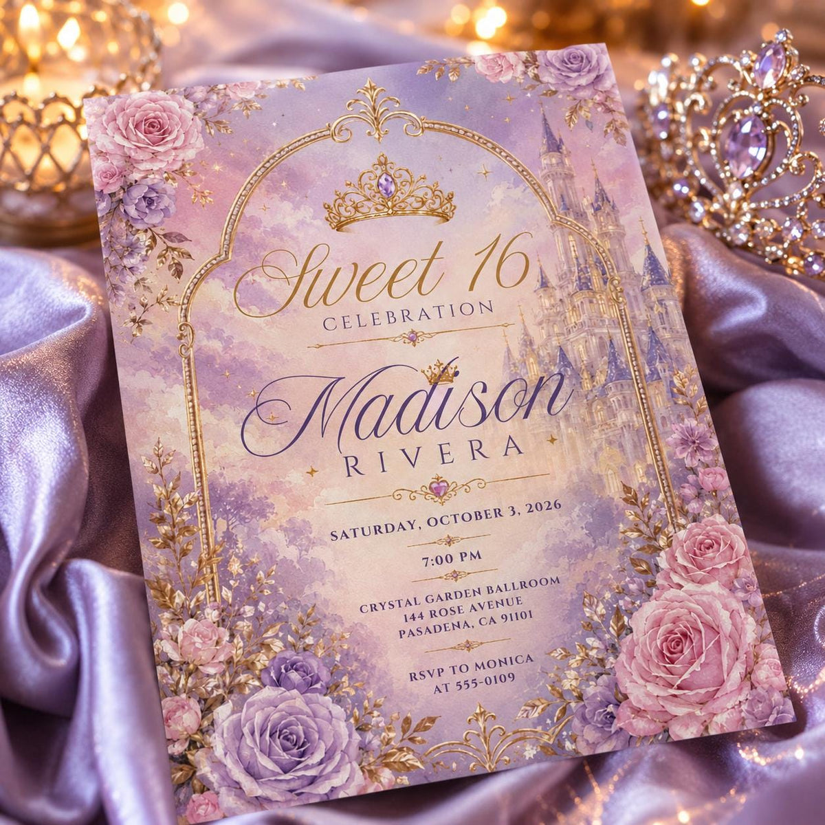 Pink and Purple Sweet 16 Invitation in gold