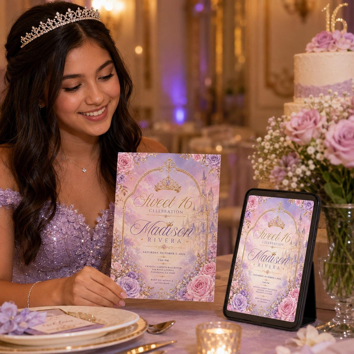 Pink and Purple Sweet 16 Invitation — castle princess design
