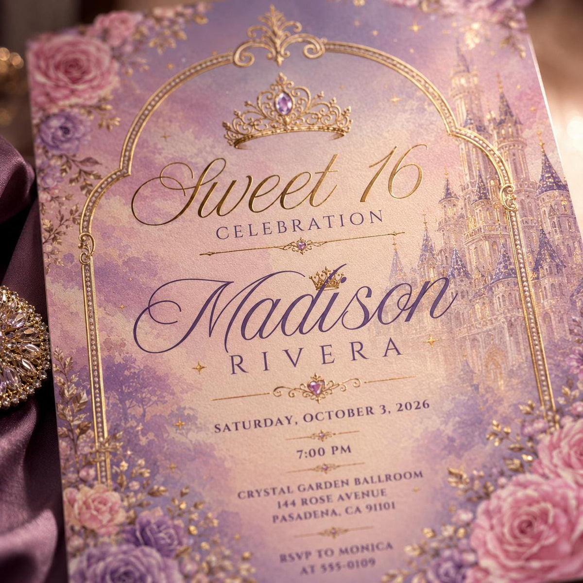 Pink and Purple Sweet 16 Invitation — invitation you personalize in Canva