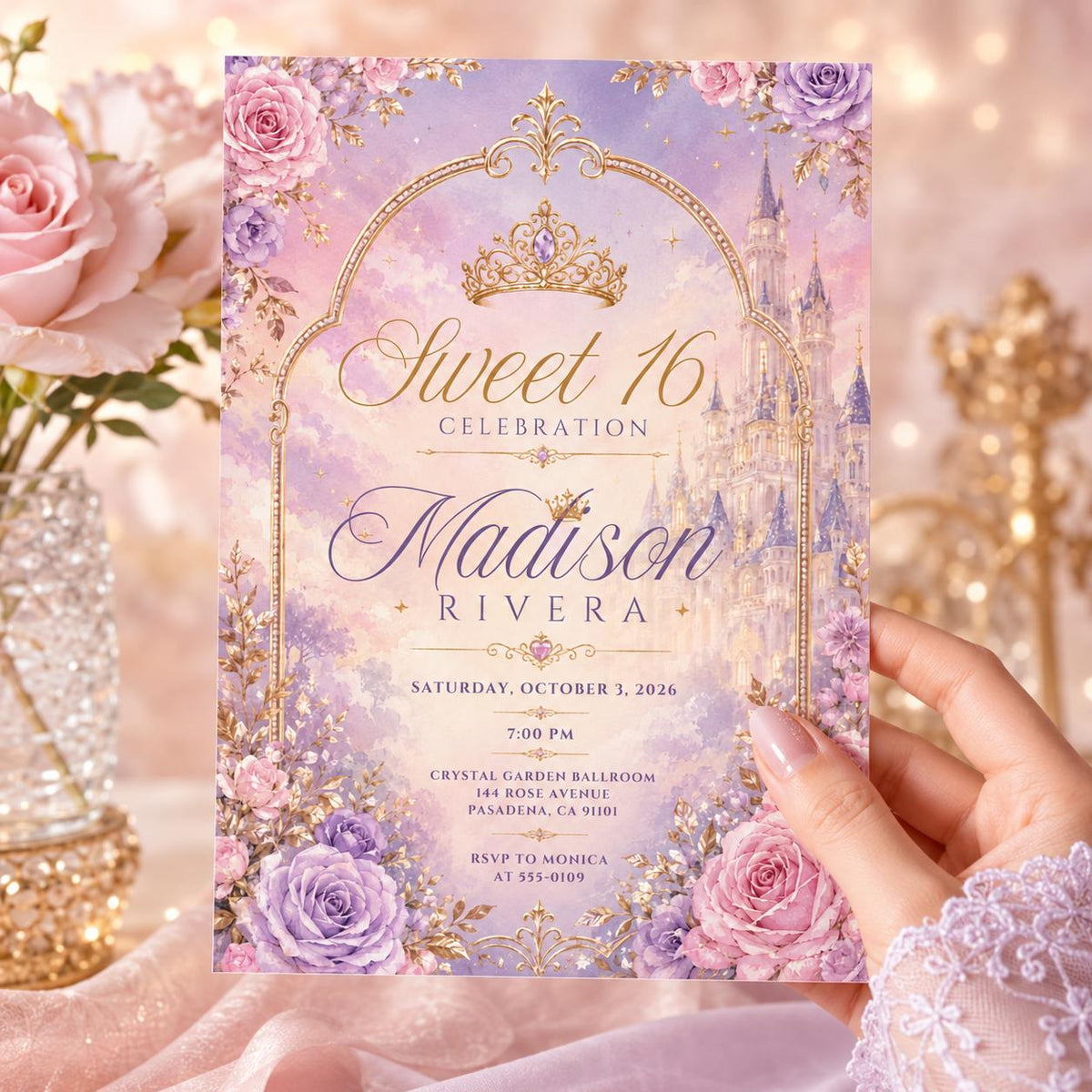 Pink and Purple Sweet 16 Invitation — castle princess artwork in gold