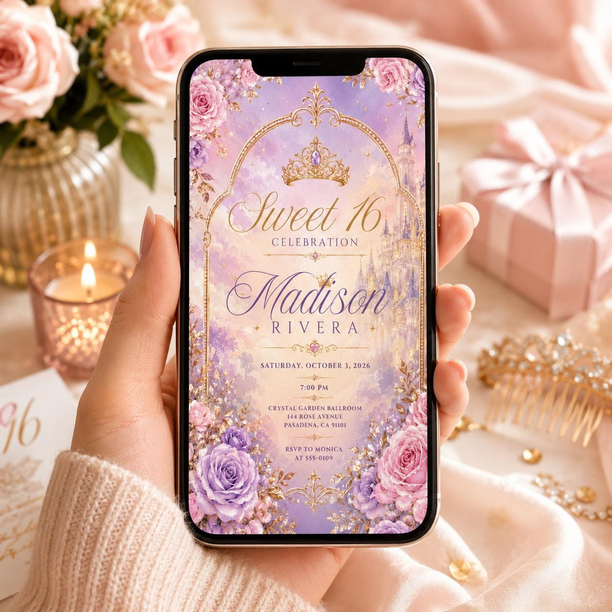 Pink and Purple Sweet 16 Invitation — print-ready sweet 16 design from VoltBy