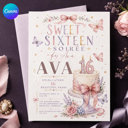 Pink and Purple Sweet Sixteen 16th Birthday Invitation for Girls — editable Canva template