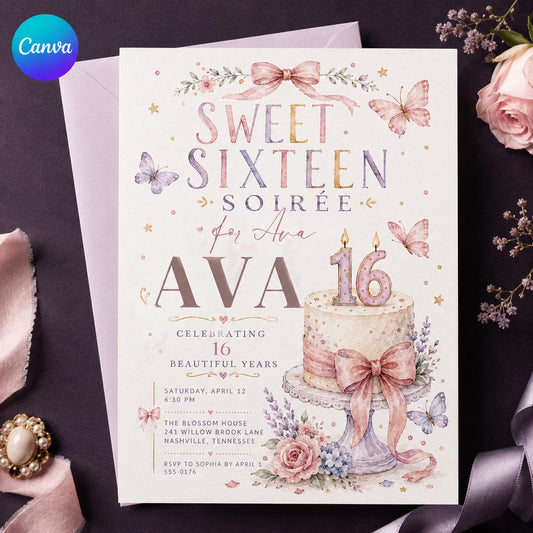 Pink and Purple Sweet Sixteen 16th Birthday Invitation for Girls — editable Canva template
