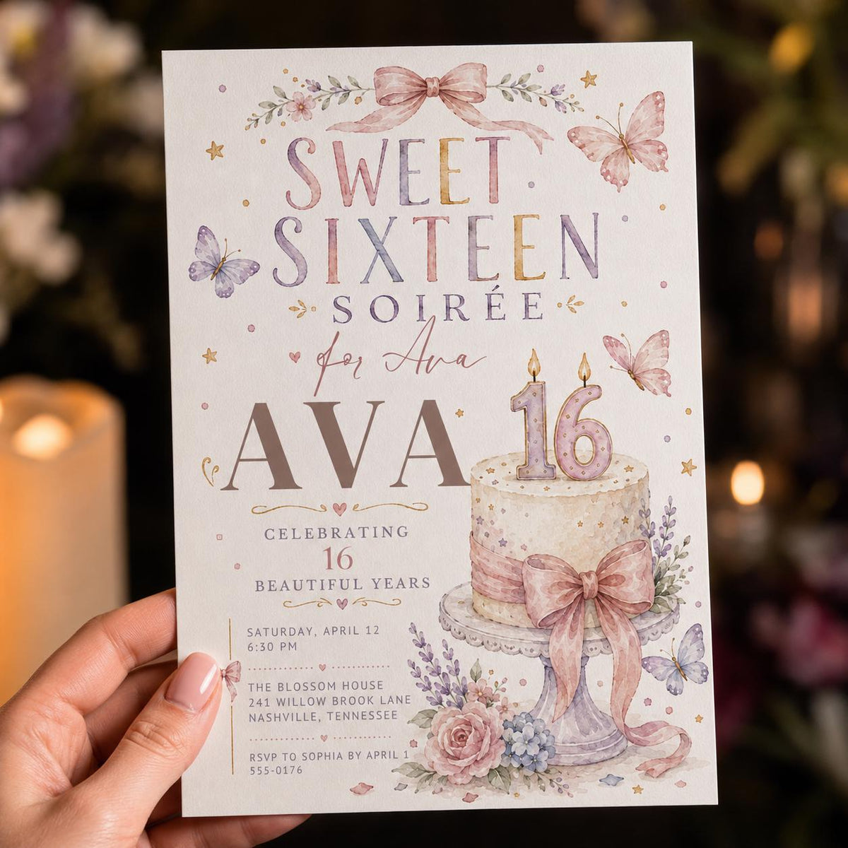 Pink and Purple Sweet Sixteen 16th Birthday Invitation for Girls — invitation you personalize in Canva