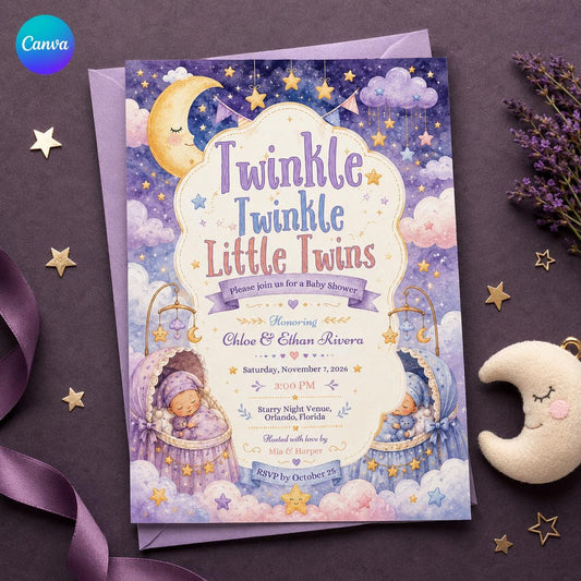Pink and Purple Twin Baby Shower Invitation — editable Canva template