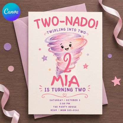 Pink and Purple Two-Nado 2nd Birthday Invitation for Girls — editable Canva template
