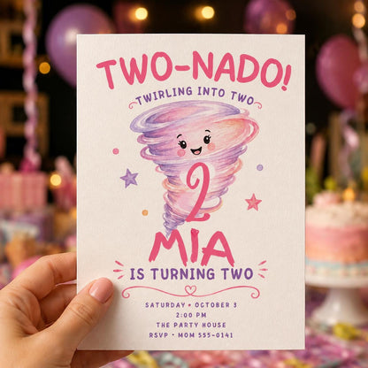 Pink and Purple Two-Nado 2nd Birthday Invitation for Girls — watercolor 2nd birthday party design