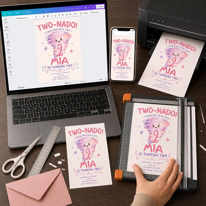 Pink and Purple Two-Nado 2nd Birthday Invitation for Girls — print-ready 2nd birthday party design from VoltBy