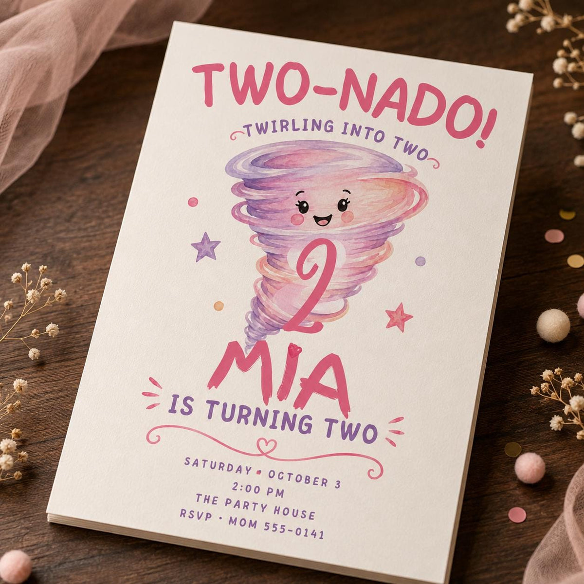 Pink and Purple Two-Nado 2nd Birthday Invitation for Girls — digital invitation, instant download