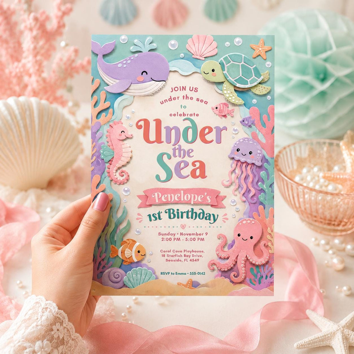 Pink and Purple Under the Sea 1st Birthday Invitation in gold