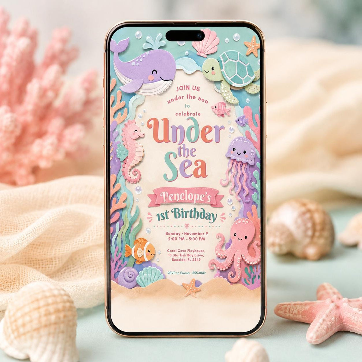 Pink and Purple Under the Sea 1st Birthday Invitation — mermaid ocean design