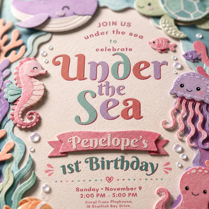 Pink and Purple Under the Sea 1st Birthday Invitation — invitation you personalize in Canva