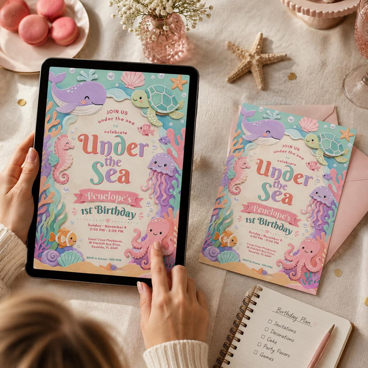 Pink and Purple Under the Sea 1st Birthday Invitation — mermaid ocean artwork in gold
