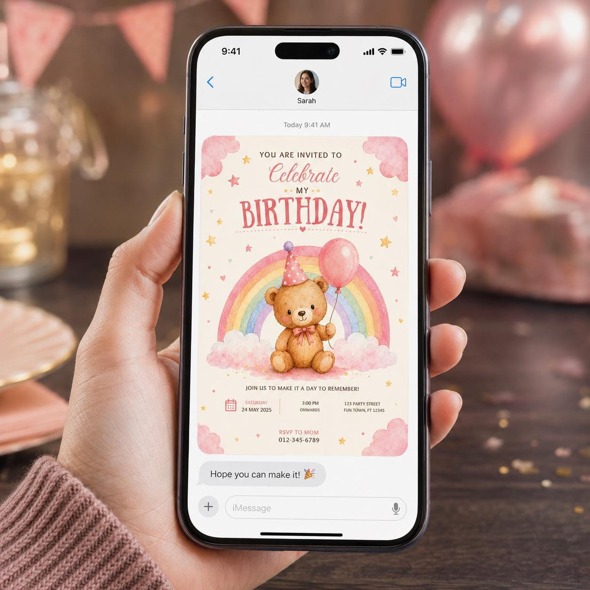 Pink and Rainbow Teddy Bear Birthday Invitation — balloon design