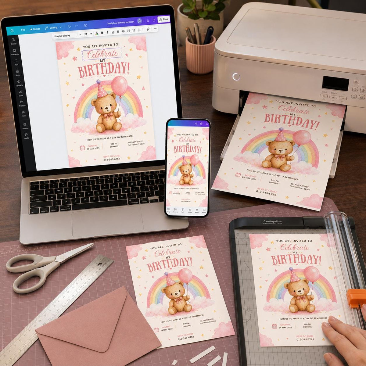 Pink and Rainbow Teddy Bear Birthday Invitation — pastel birthday party design