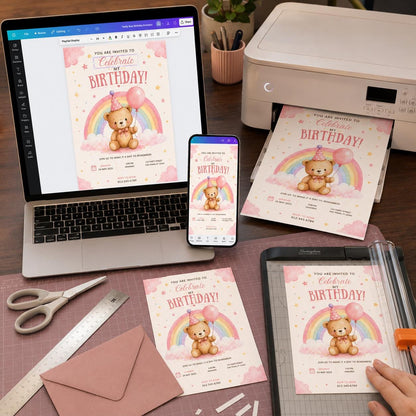Pink and Rainbow Teddy Bear Birthday Invitation — pastel birthday party design