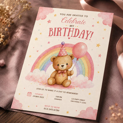 Pink and Rainbow Teddy Bear Birthday Invitation — print-ready birthday party design from VoltBy