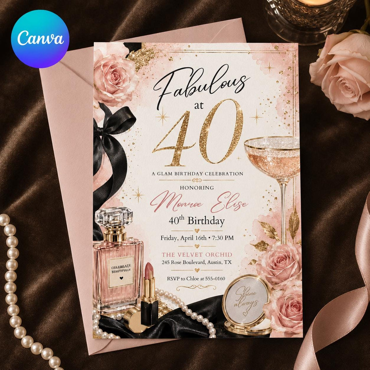 Pink and Red 40th Birthday Invitation Glam Party — editable Canva template