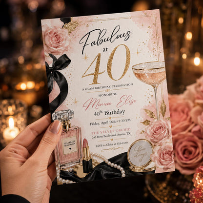 Pink and Red 40th Birthday Invitation Glam Party — hand drawn 40th birthday party design