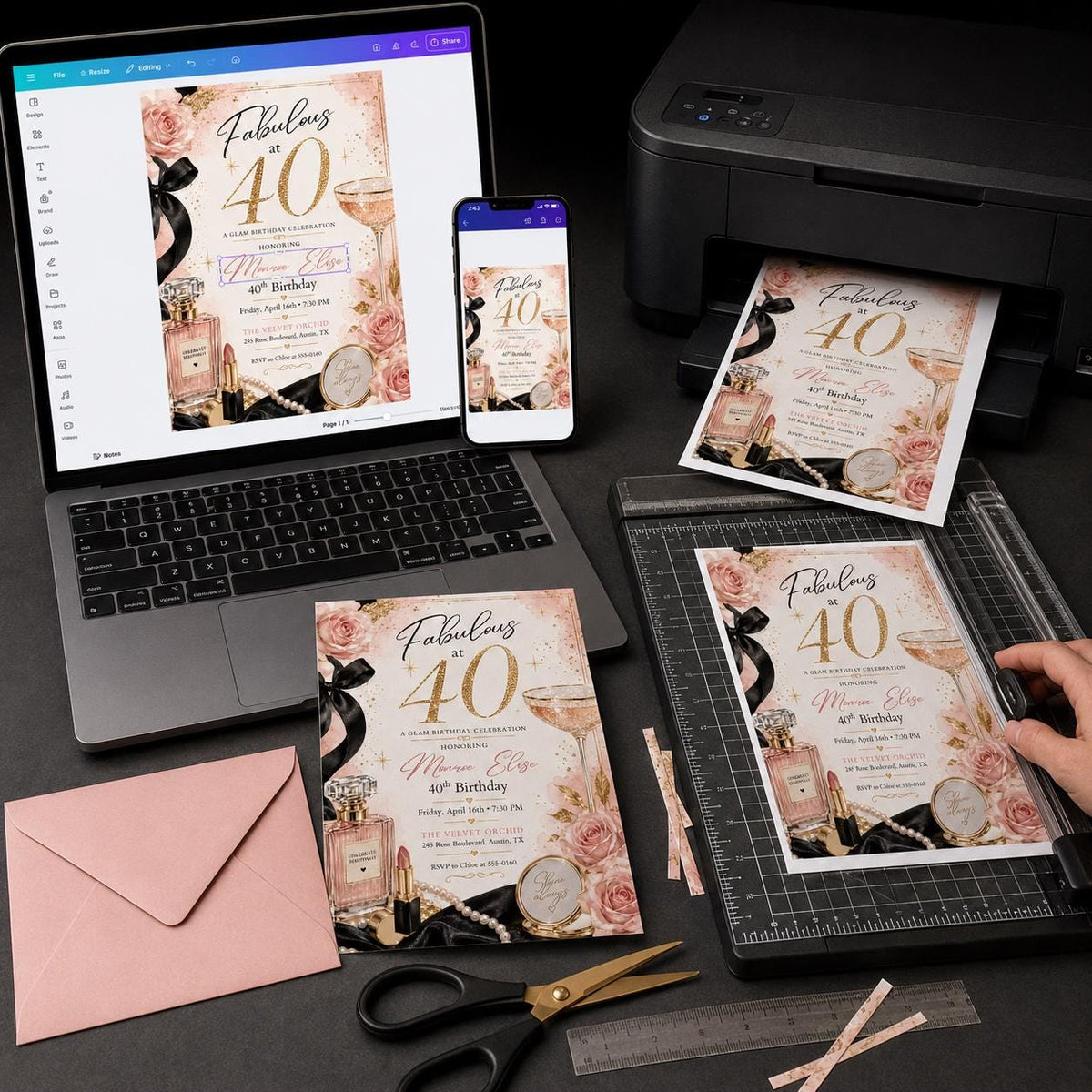 Pink and Red 40th Birthday Invitation Glam Party — print-ready 40th birthday party design from VoltBy