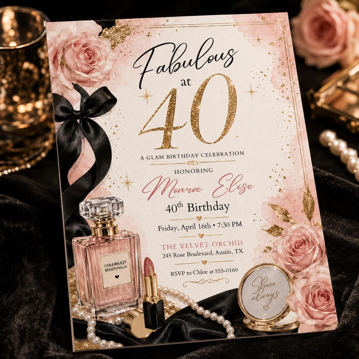 Pink and Red 40th Birthday Invitation Glam Party — digital invitation, instant download