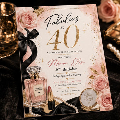 Pink and Red 40th Birthday Invitation Glam Party — digital invitation, instant download