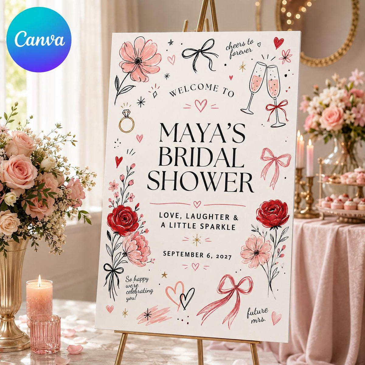 Pink and Red Bridal Shower Welcome Sign — editable Canva template