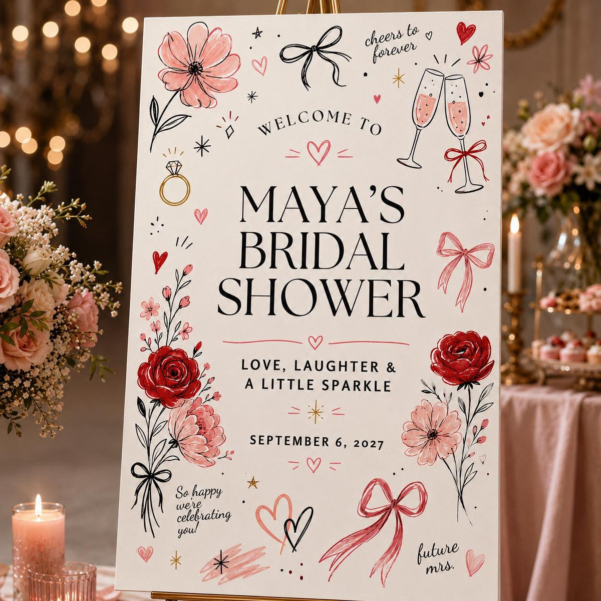 Pink and Red Bridal Shower Welcome Sign — bow champagne design