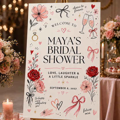 Pink and Red Bridal Shower Welcome Sign — bow champagne design