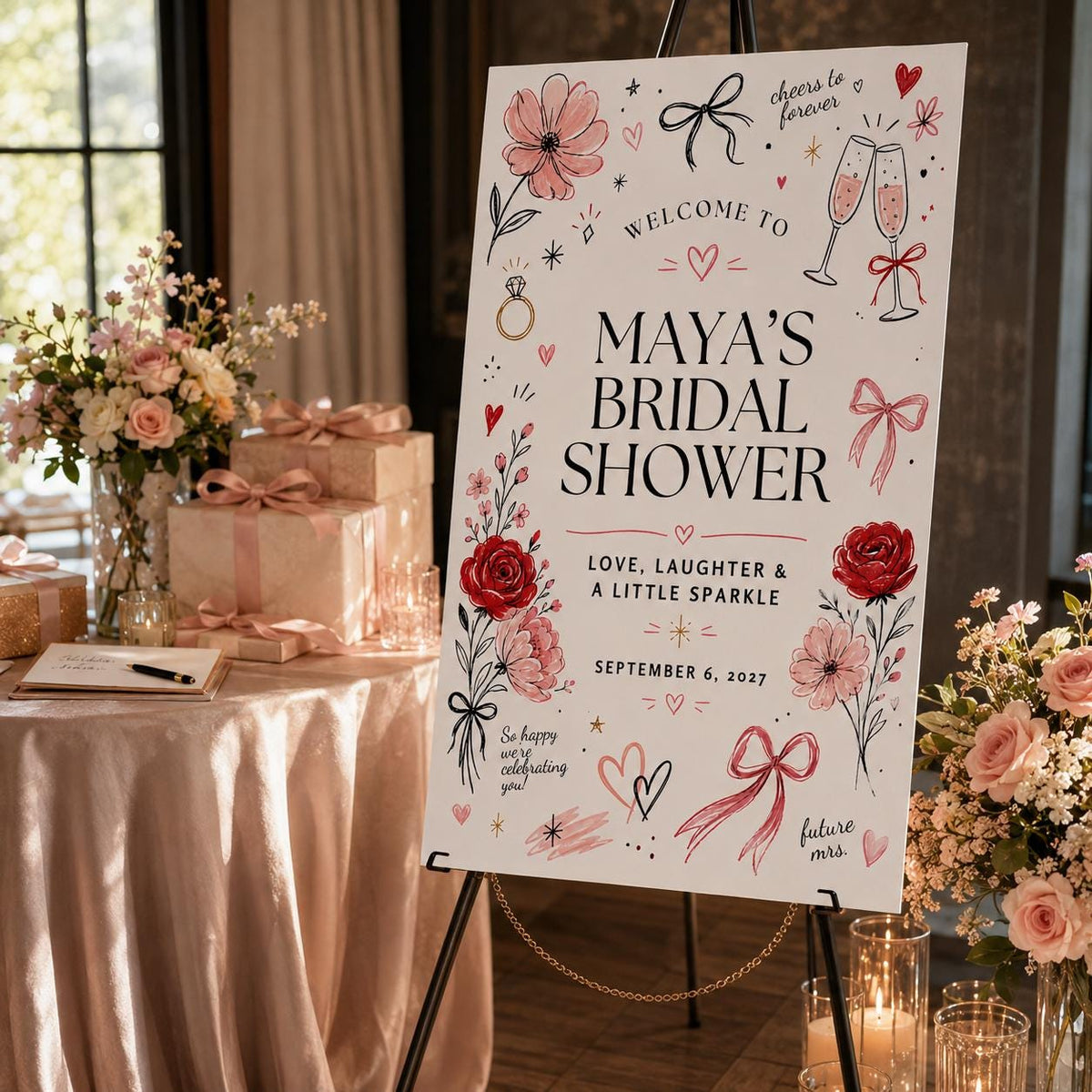 Pink and Red Bridal Shower Welcome Sign — welcome sign you personalize in Canva