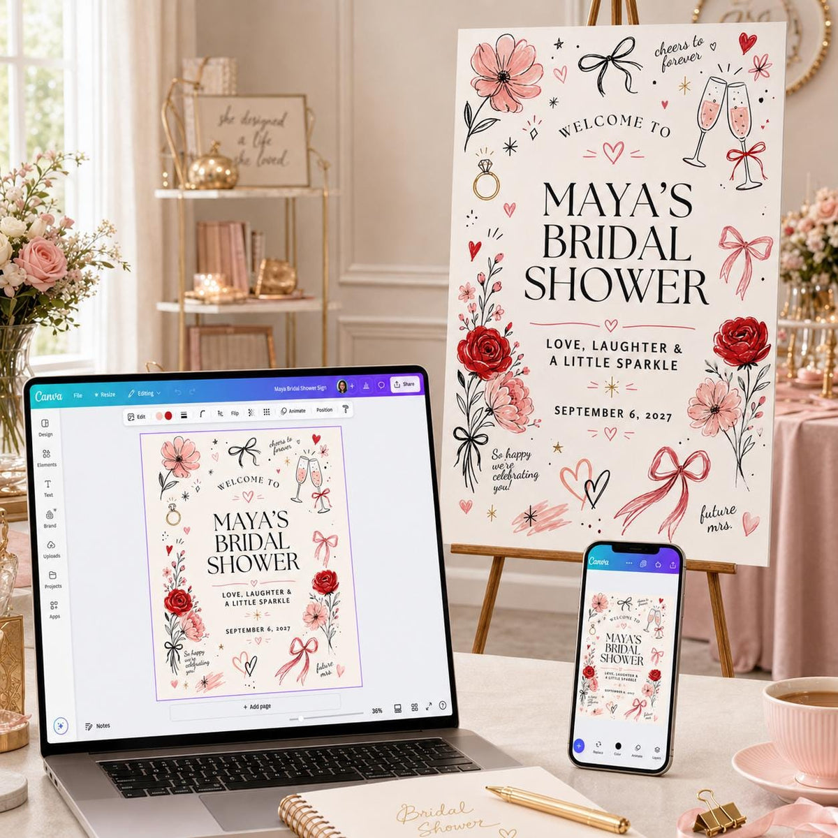 Pink and Red Bridal Shower Welcome Sign — coquette bridal shower design