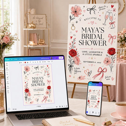 Pink and Red Bridal Shower Welcome Sign — coquette bridal shower design